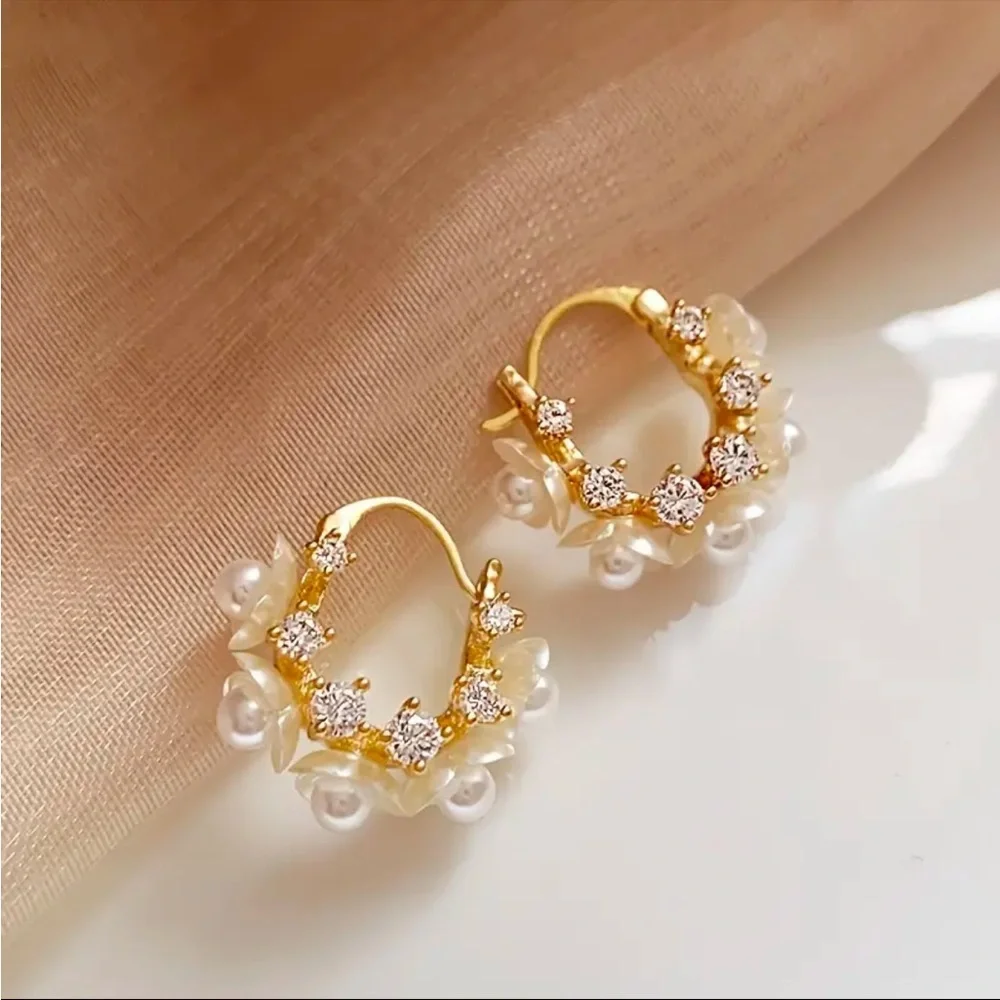 Pearl Hoop Earrings Floral CZ Accents Romantic Statement Jewelry NWT - Picture 2 of 6